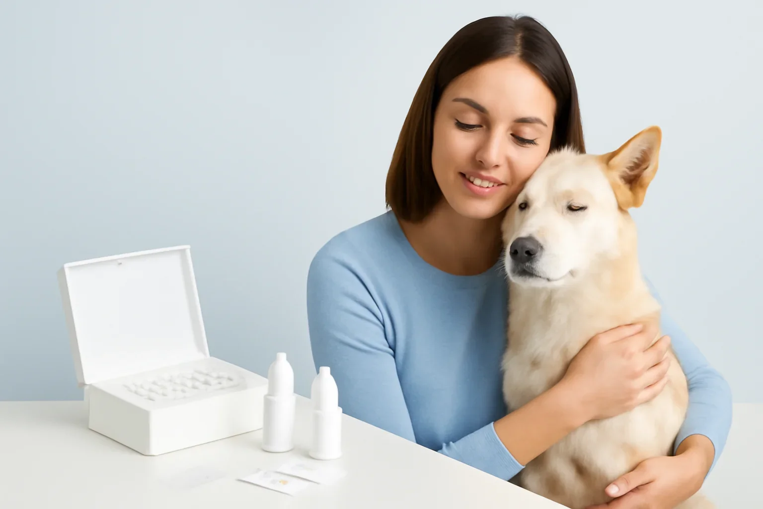 About page visual showing dog allergy testing materials and a calm dog owner