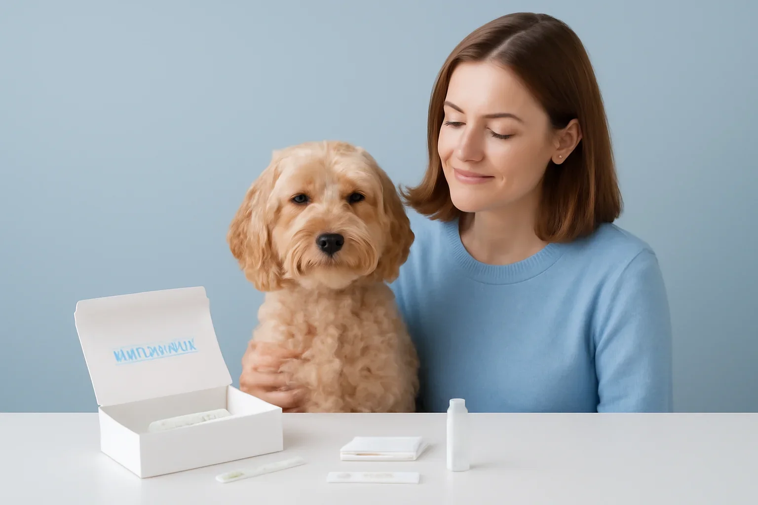 Dog Allergy Test Kit vs Lab Test page visual showing dog allergy testing materials and a calm dog owner