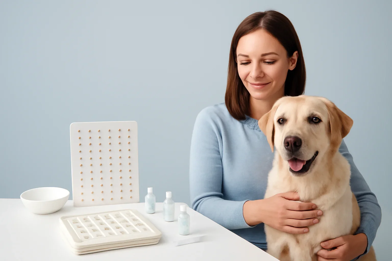 Dog Allergy Test vs Elimination Diet page visual showing dog allergy testing materials and a calm dog owner