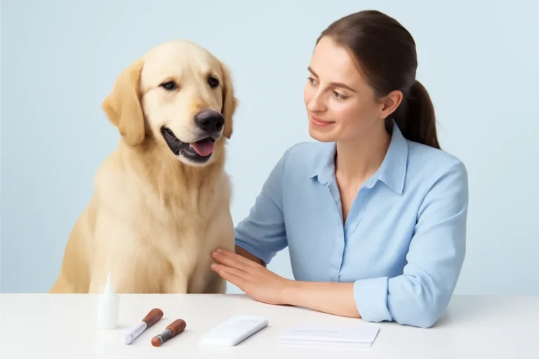 How to Read Dog Allergy Blood Test Results page visual showing dog allergy testing materials and a calm dog owner