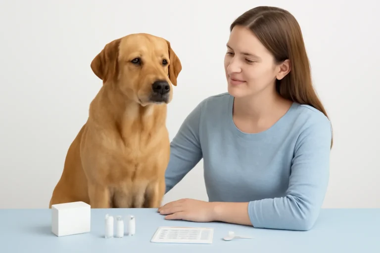How to Test Your Dog for Food Allergies page visual showing dog allergy testing materials and a calm dog owner