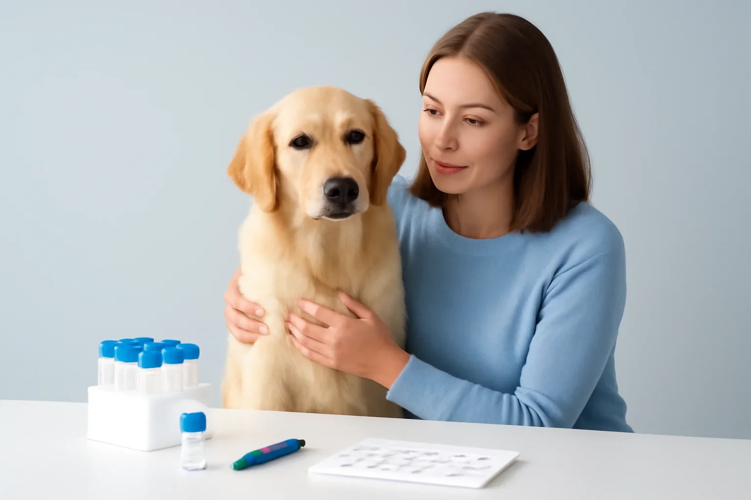 How Vets Test for Food Allergies in Dogs page visual showing dog allergy testing materials and a calm dog owner
