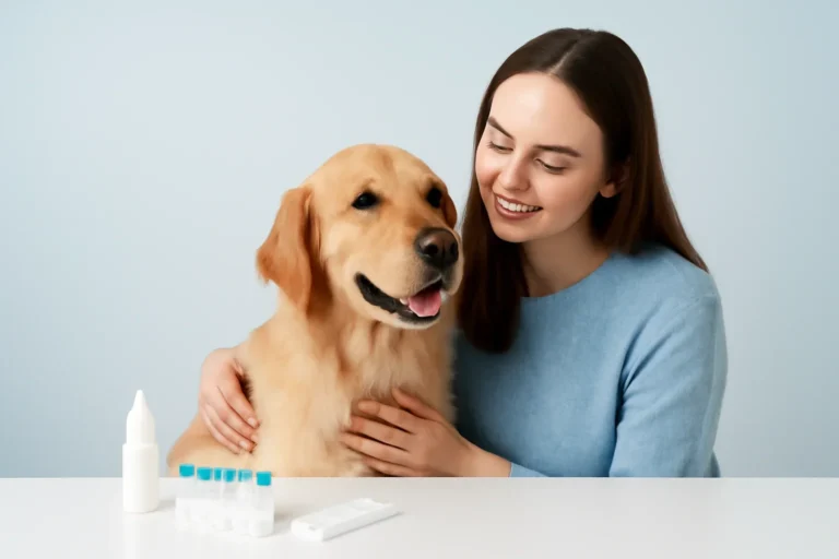 Itchy Skin, Ears, and Paws: When to Test for Allergies page visual showing dog allergy testing materials and a calm dog owner