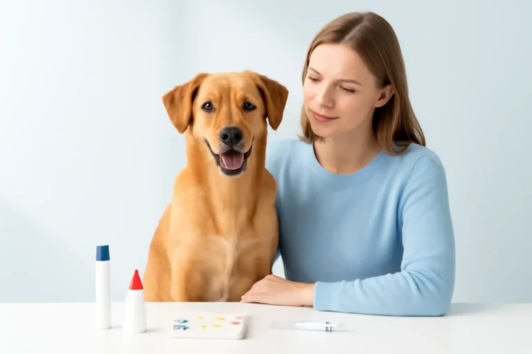 Signs Your Dog Needs an Allergy Test page visual showing dog allergy testing materials and a calm dog owner
