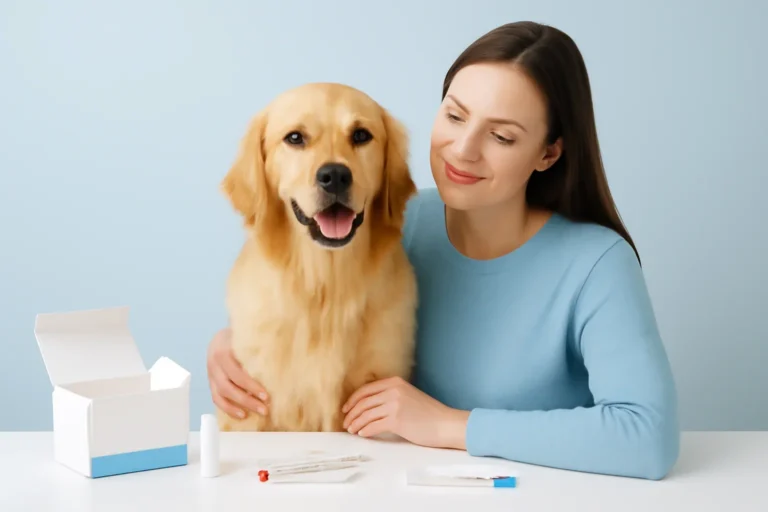 What Is Dog Allergy Testing? page visual showing dog allergy testing materials and a calm dog owner