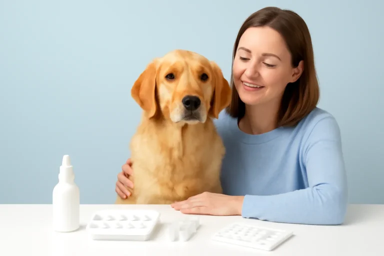 What Is in a Dog Allergy Test? page visual showing dog allergy testing materials and a calm dog owner