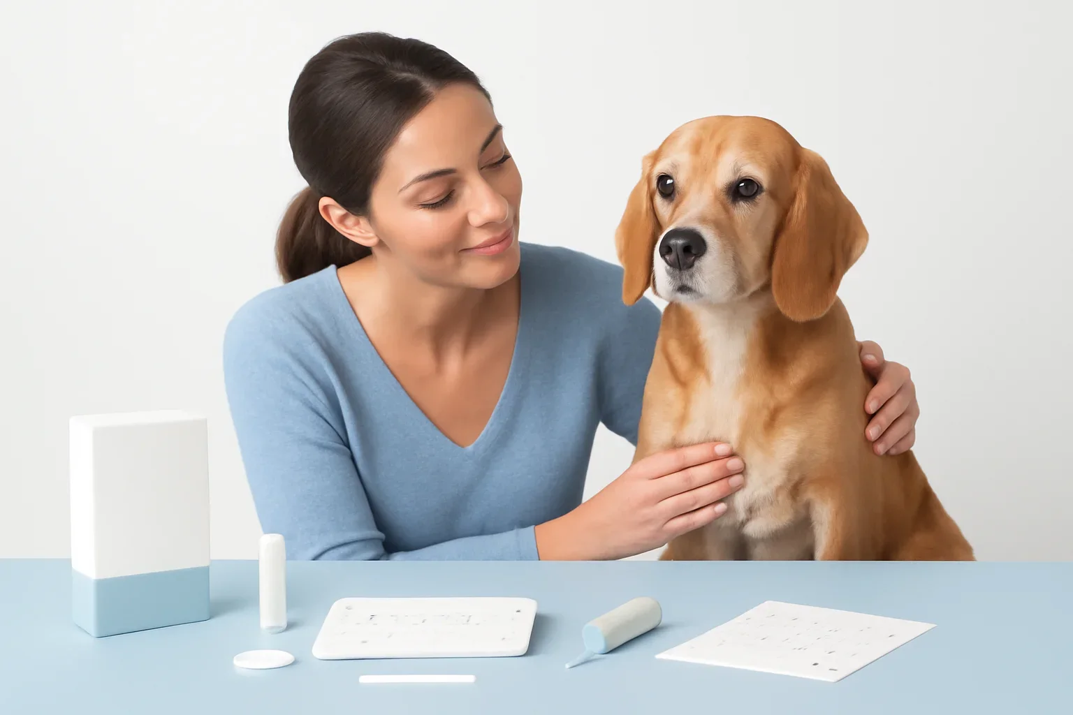 At-Home vs Vet Dog Allergy Testing page visual showing dog allergy testing materials and a calm dog owner
