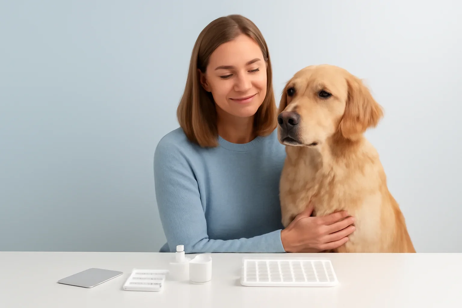 Heska Dog Allergy Testing page visual showing dog allergy testing materials and a calm dog owner