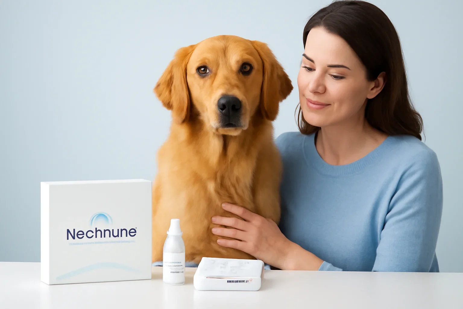 Nextmune Dog Allergy Testing page visual showing dog allergy testing materials and a calm dog owner
