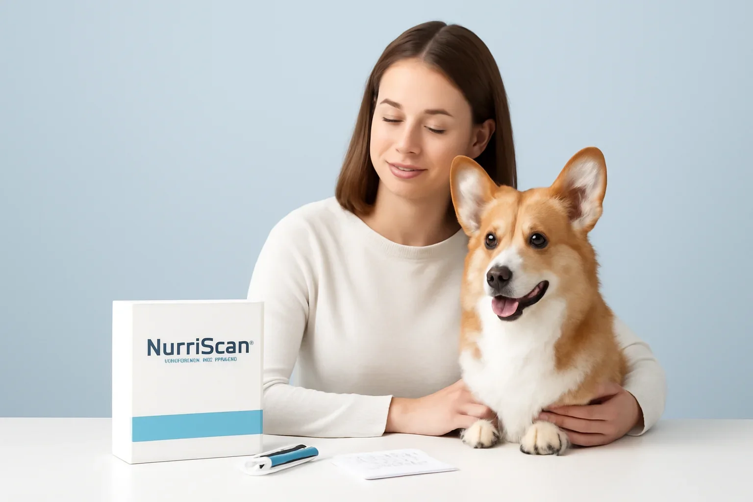 NutriScan Dog Allergy Test page visual showing dog allergy testing materials and a calm dog owner