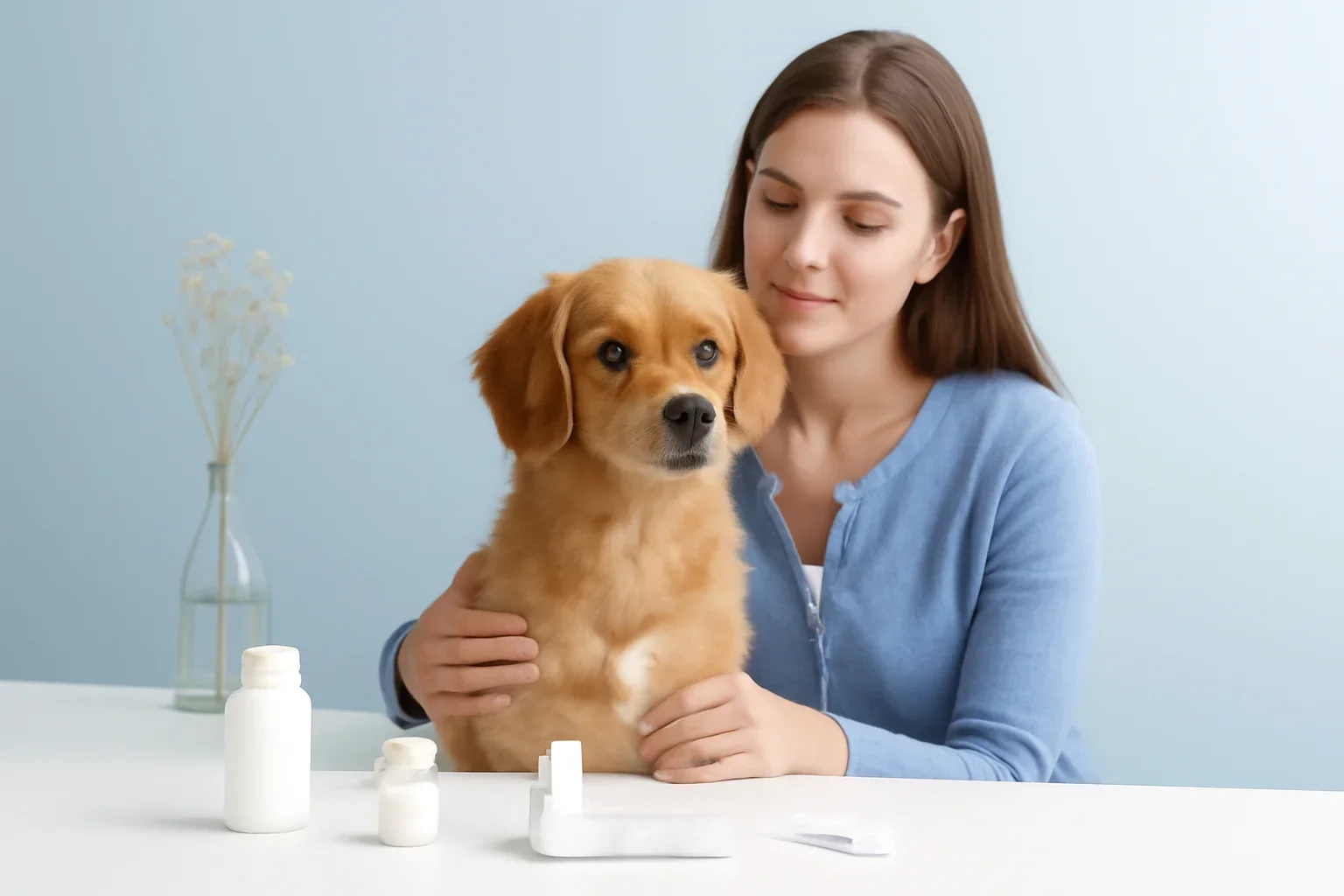 Contact page visual showing dog allergy testing materials and a calm dog owner