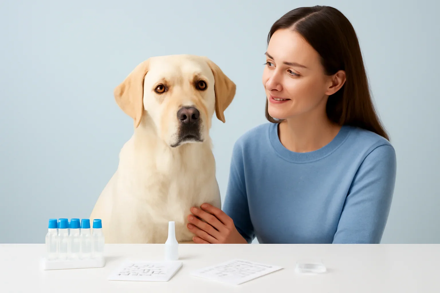FAQ page visual showing dog allergy testing materials and a calm dog owner