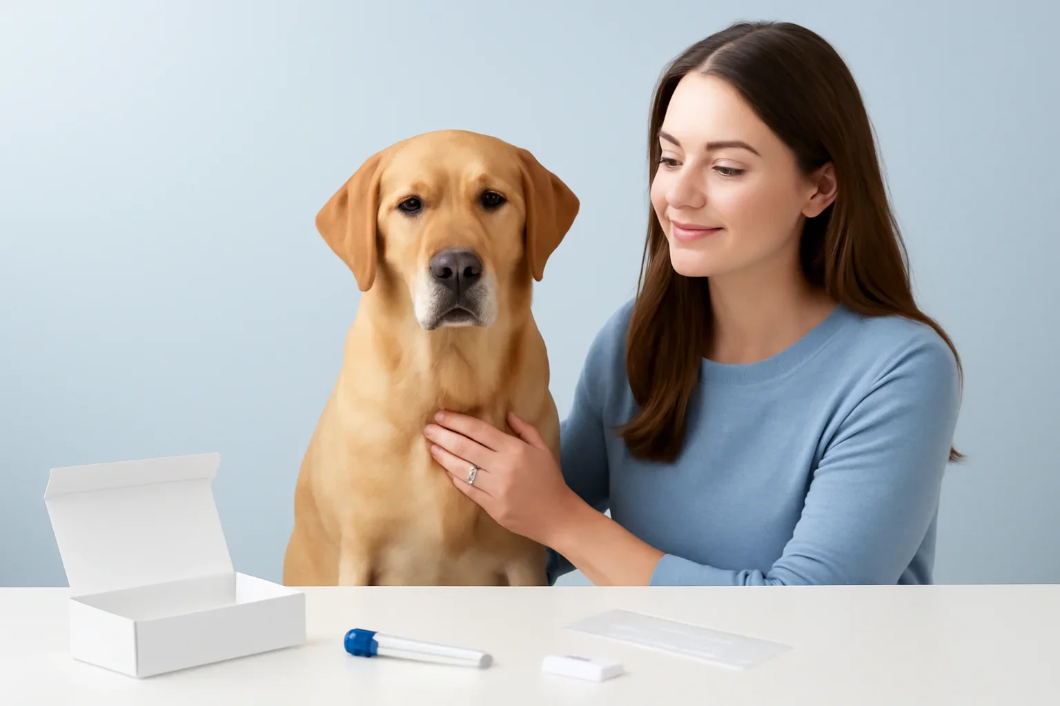 At-Home Sample Collection page visual showing dog allergy testing materials and a calm dog owner