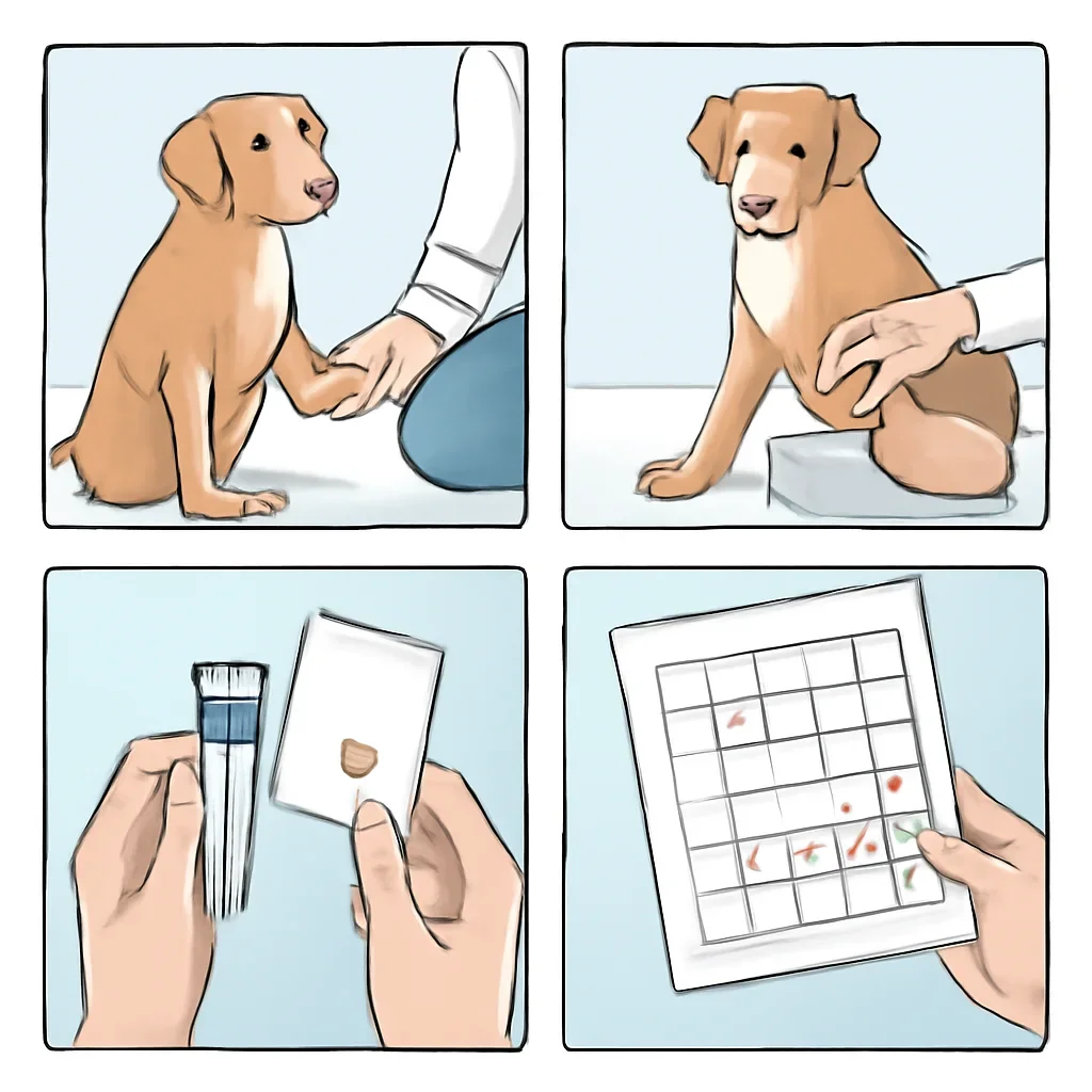 Step-by-step dog allergy testing workflow illustration for the At-Home Sample Collection page