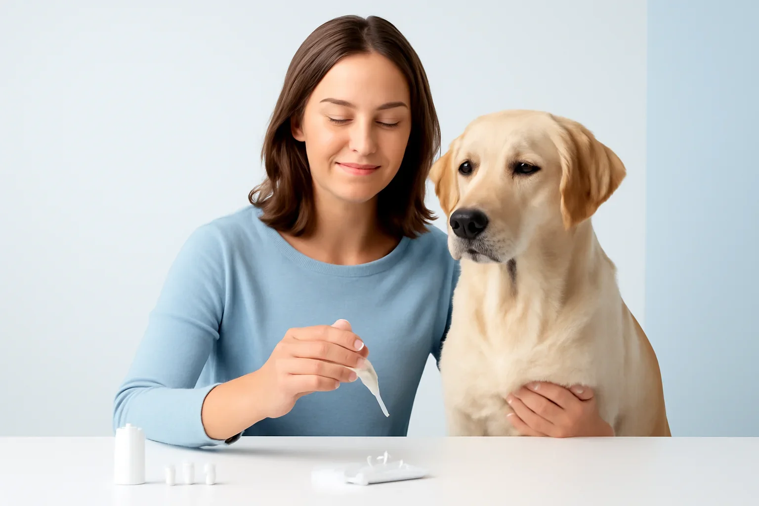 Features page visual showing dog allergy testing materials and a calm dog owner