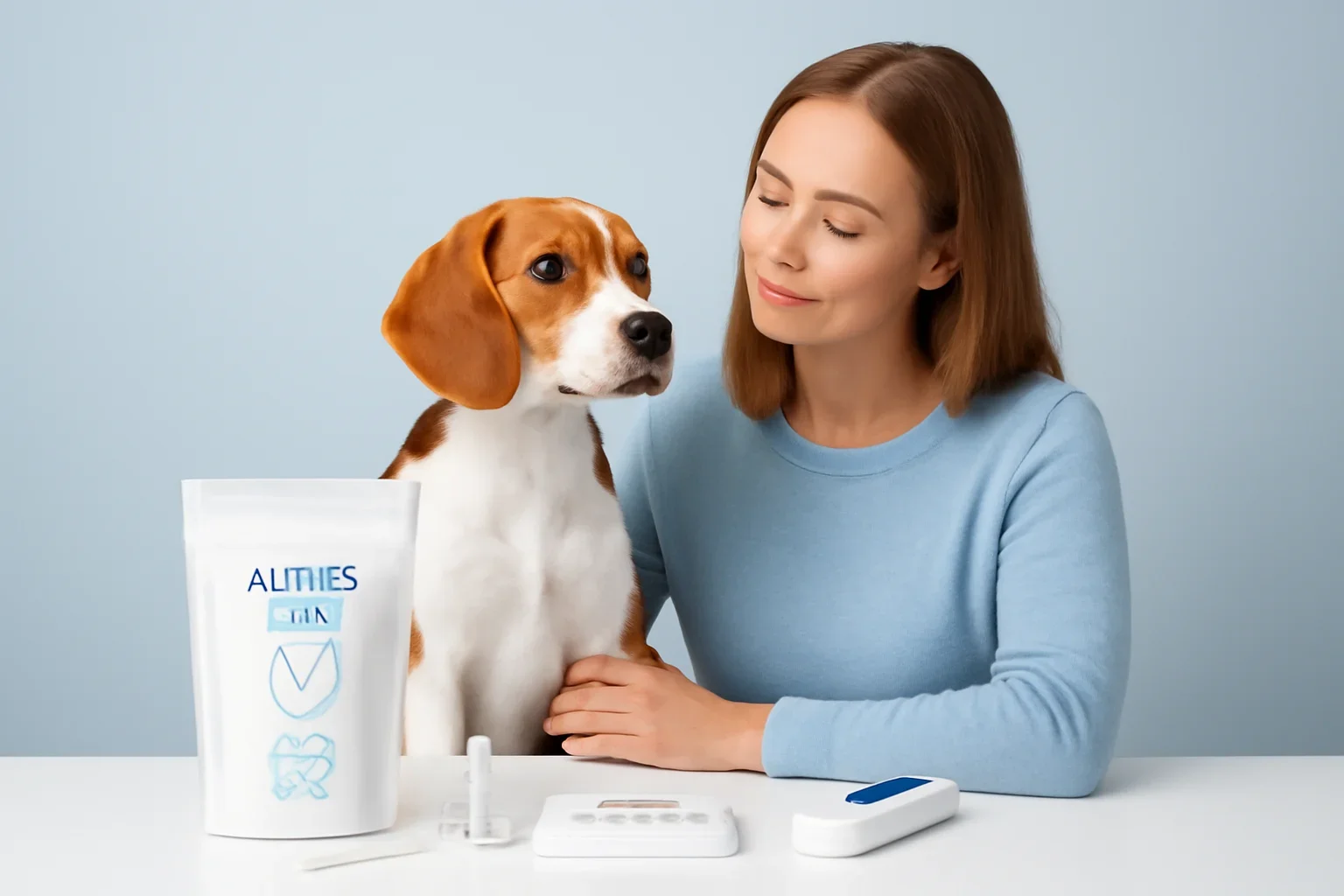 Lab-Verified Results page visual showing dog allergy testing materials and a calm dog owner