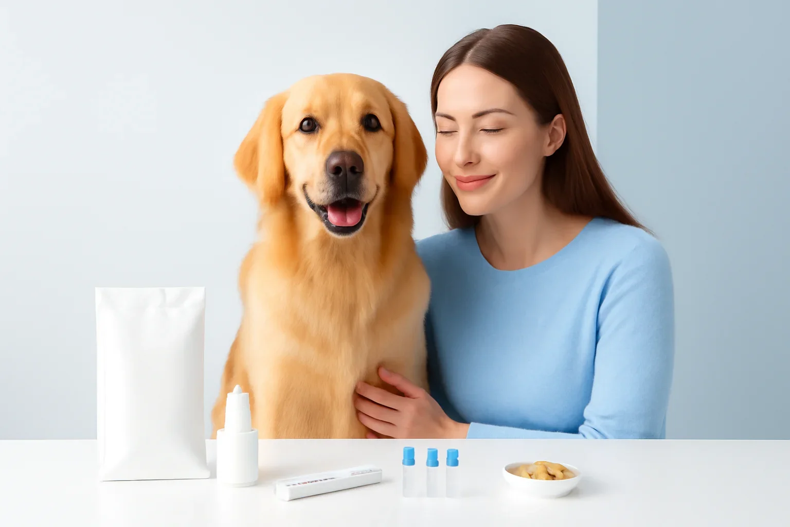 Home page visual showing dog allergy testing materials and a calm dog owner