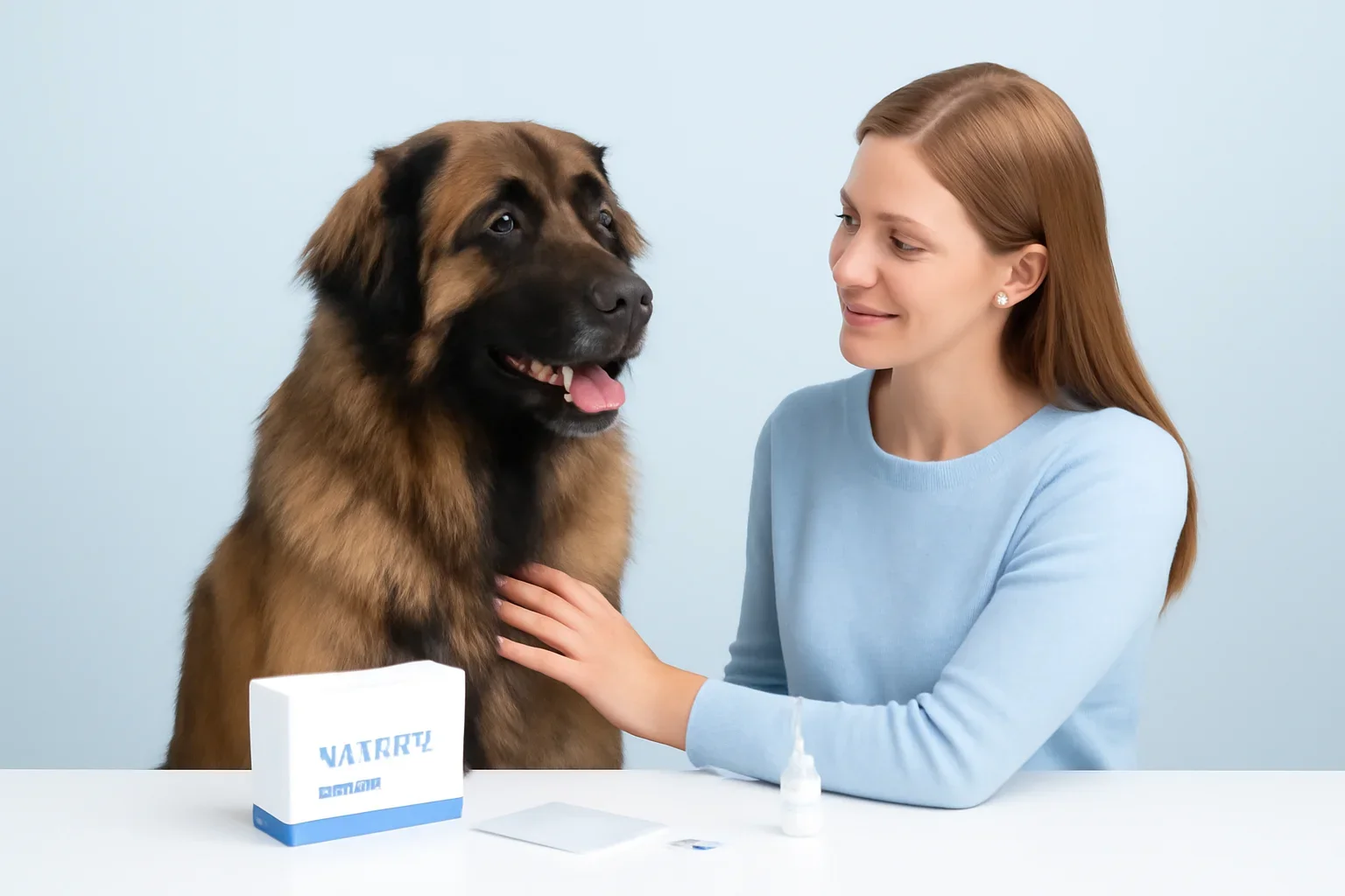 Dog allergy testing materials beside a calm dog and owner