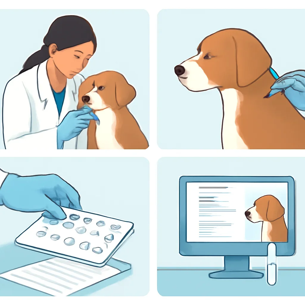 Illustration showing the steps for choosing and completing a dog allergy test