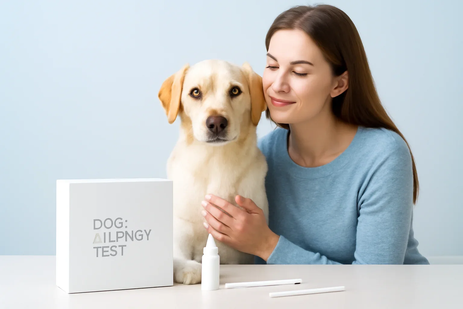 At-Home Dog Allergy Test page visual showing dog allergy testing materials and a calm dog owner