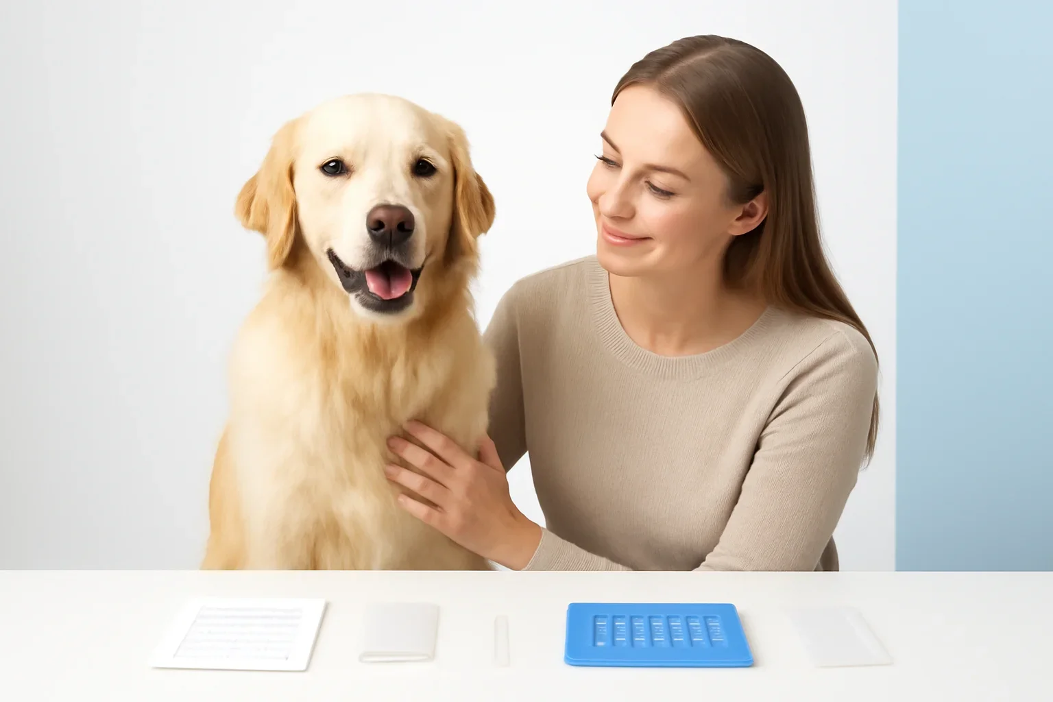 Dog Allergy Hair Test page visual showing dog allergy testing materials and a calm dog owner