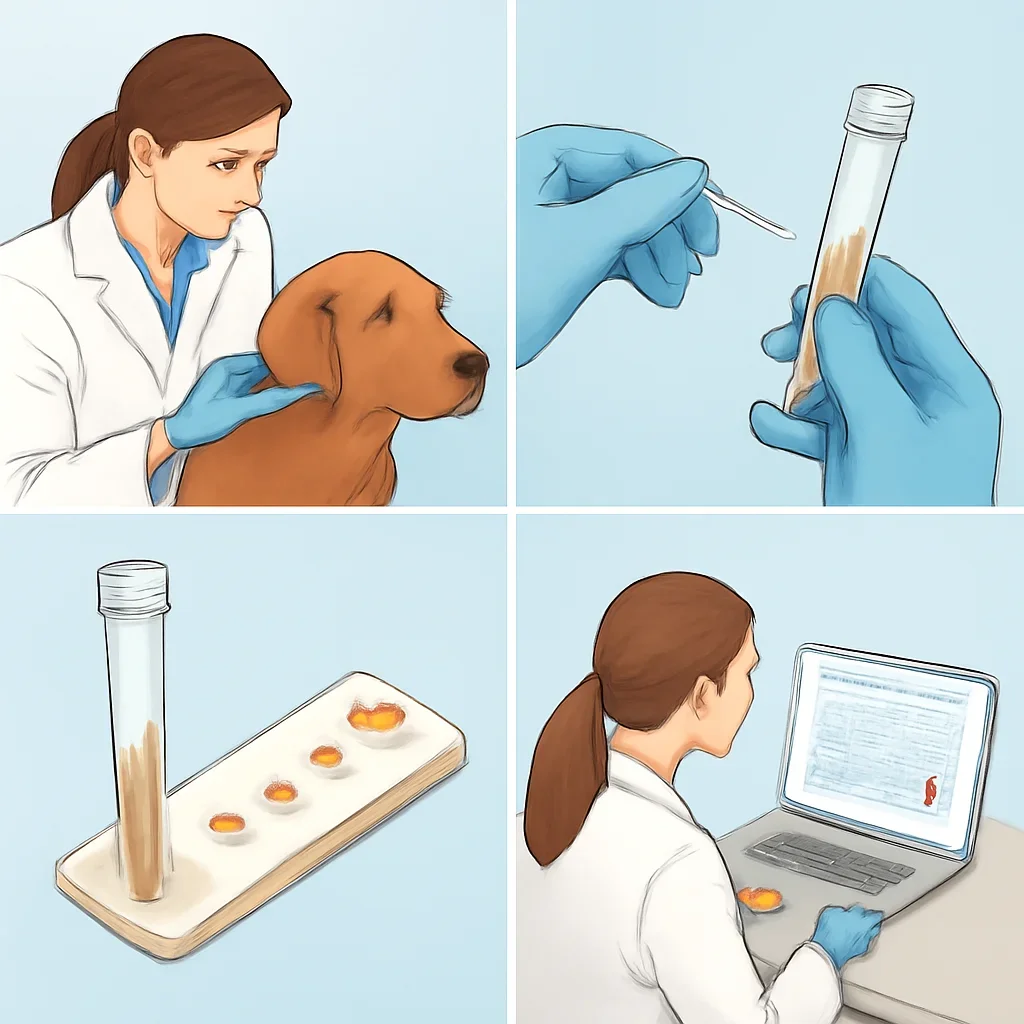Step-by-step dog allergy testing workflow illustration for the Dog Allergy Hair Test page