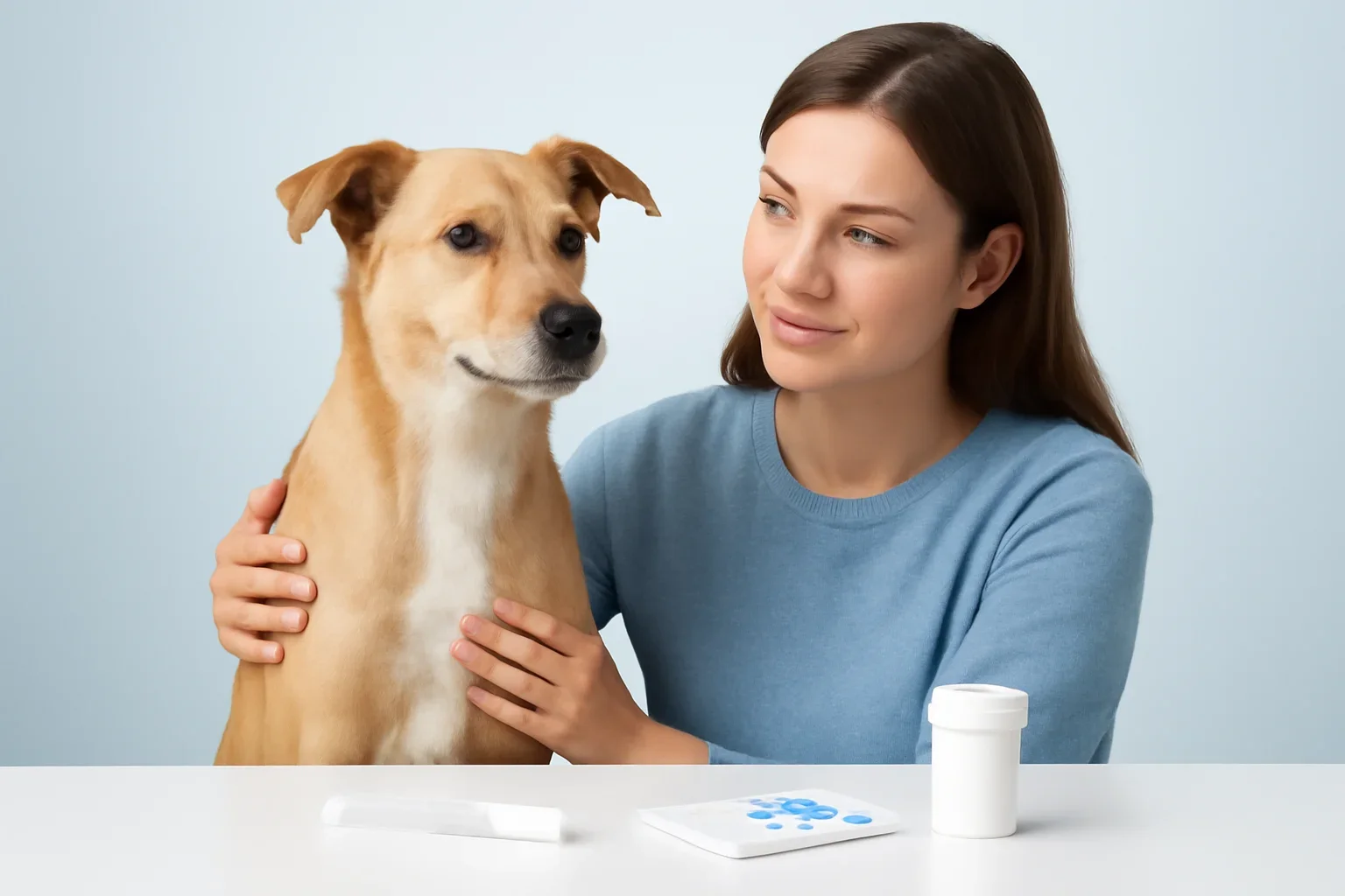 Dog Allergy Saliva Test page visual showing dog allergy testing materials and a calm dog owner