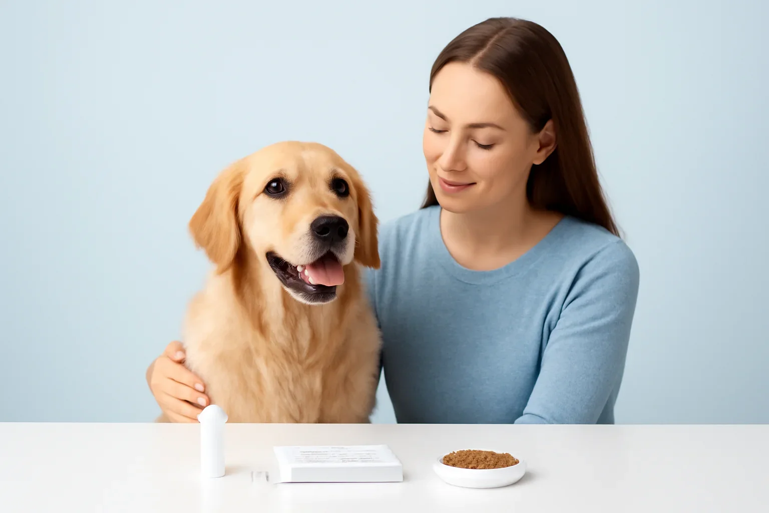 Dog Food Allergy Test page visual showing dog allergy testing materials and a calm dog owner