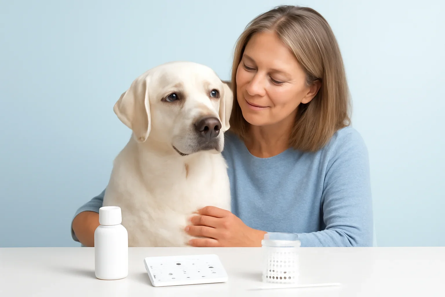 Solutions page visual showing dog allergy testing materials and a calm dog owner