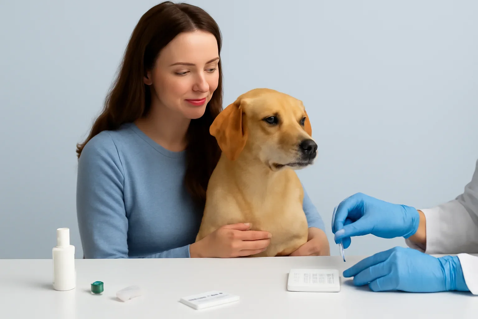 Vet Dog Allergy Testing page visual showing dog allergy testing materials and a calm dog owner