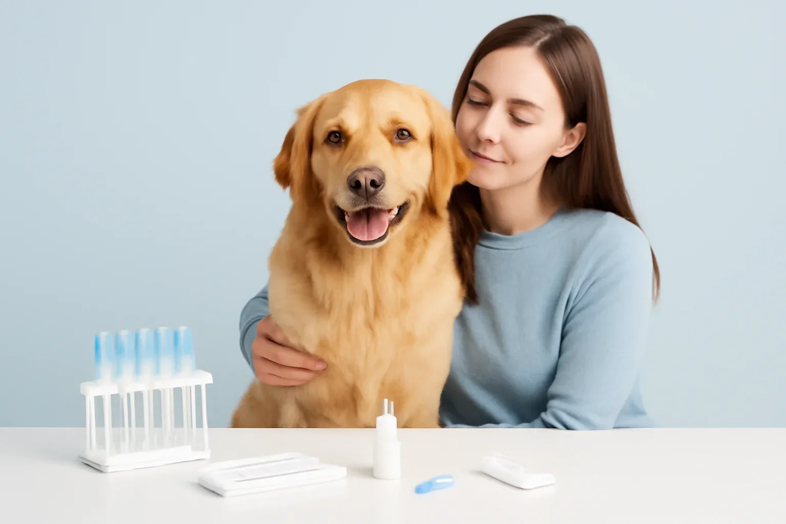 False Positive Dog Allergy Test page visual showing dog allergy testing materials and a calm dog owner