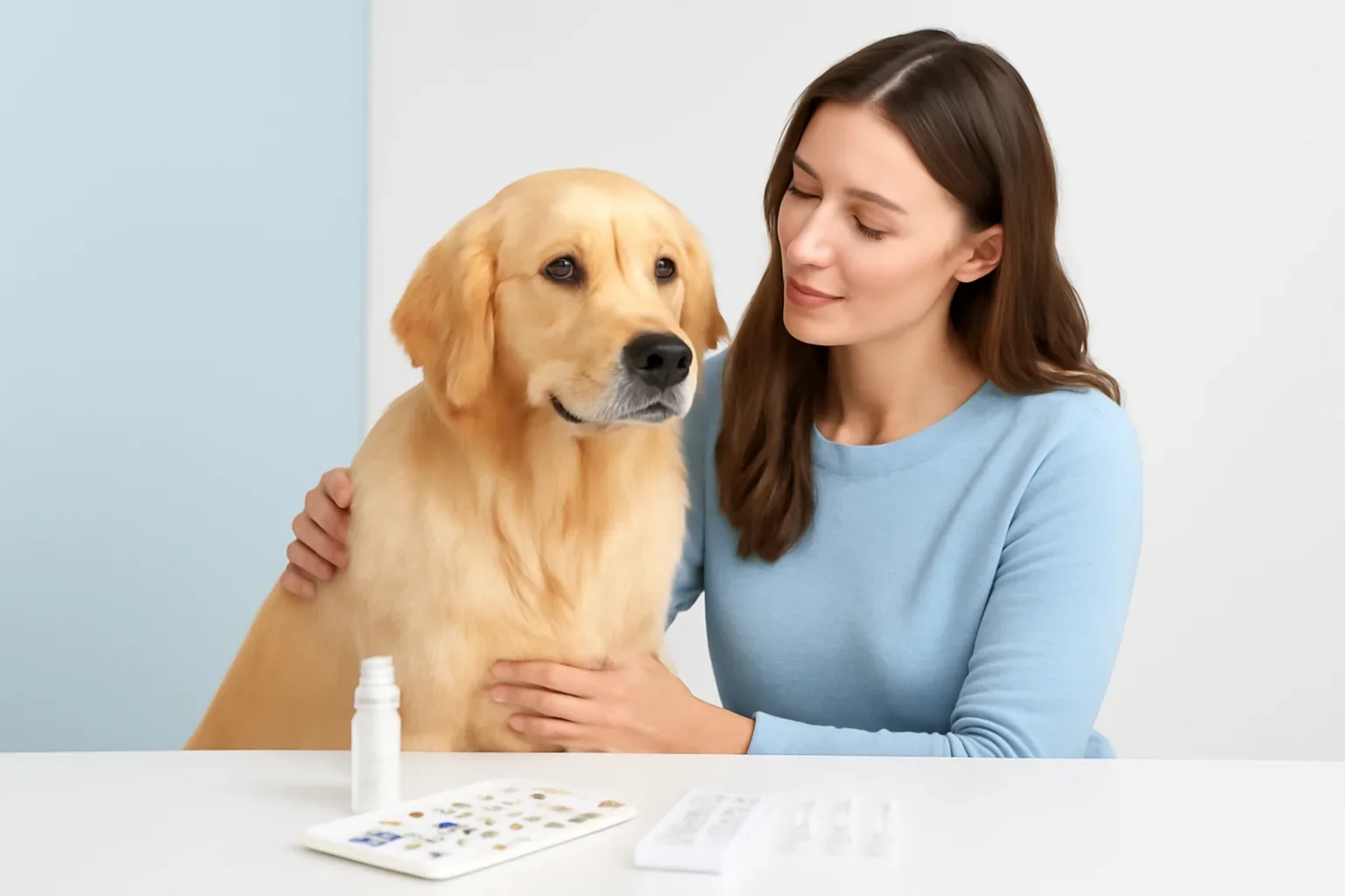 Support page visual showing dog allergy testing materials and a calm dog owner