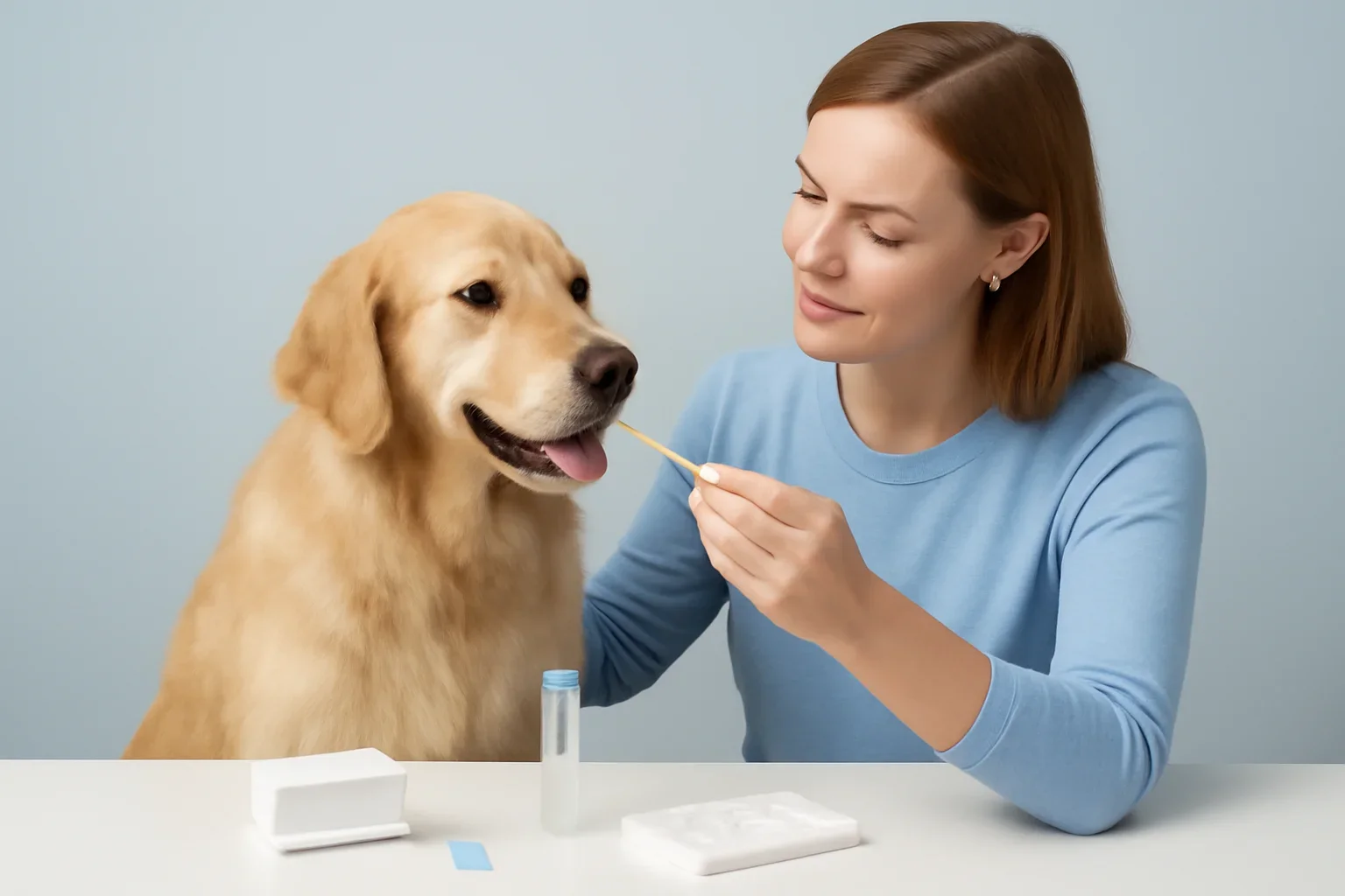 How to Collect a Dog Hair or Saliva Sample page visual showing dog allergy testing materials and a calm dog owner